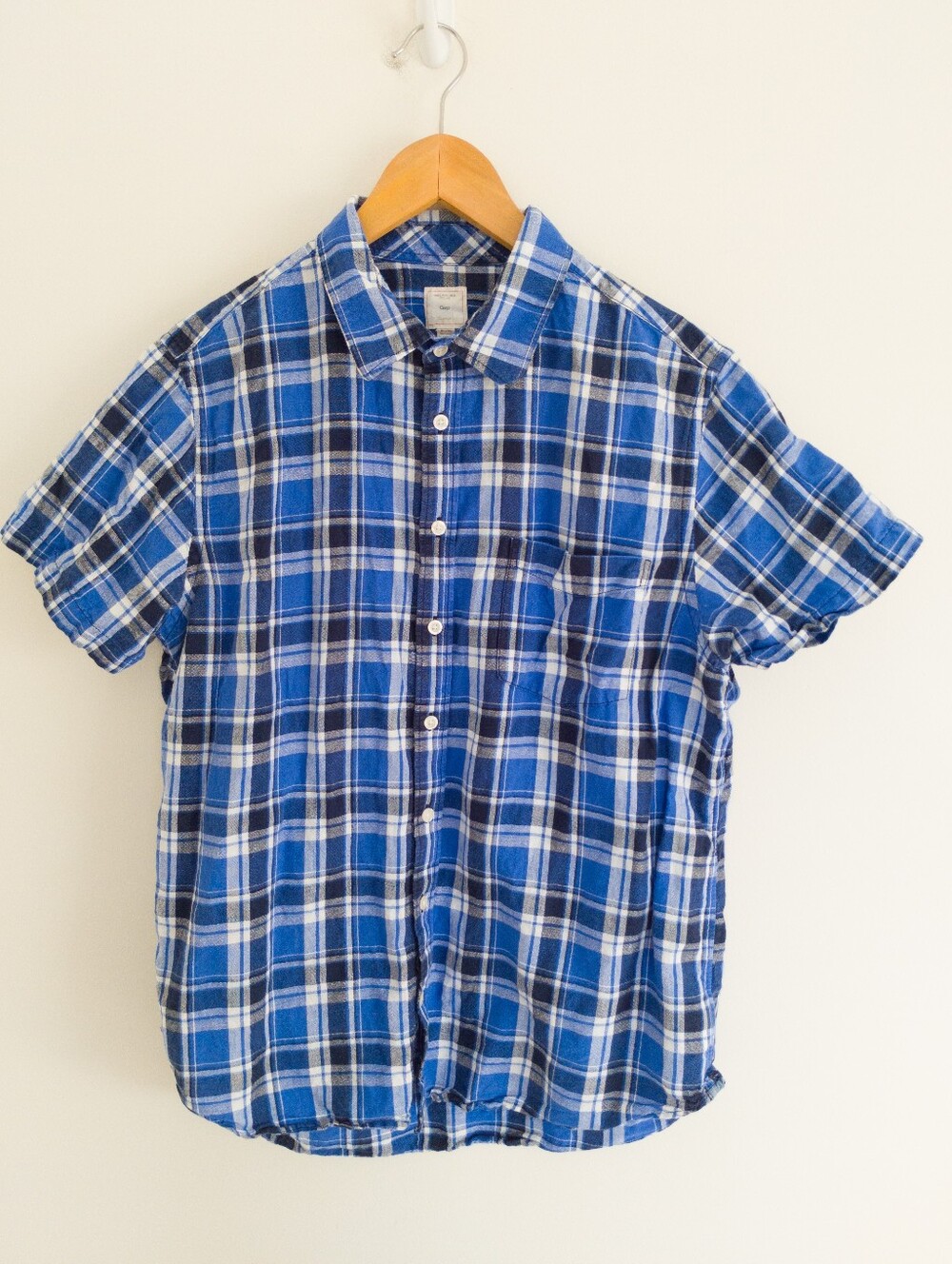 GAP Men XL Short Sleeve Linen Cotton Plaid Button Front Shirt Blue Summer Beach
